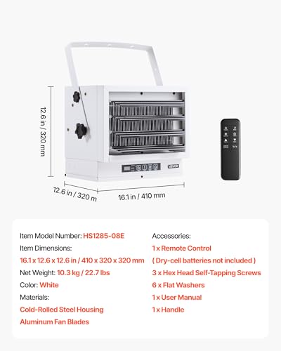 Image of VEVOR Electric Garage Heater, 10000-Watt with Remote Control & 10 Hour Timer & Overheat Protection Wall /Ceiling Mounted Shop Heater, Commercial Fan-forced for Indoor Workshop Warehouse,240V White