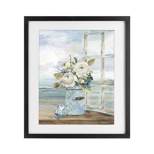 Seaside Florals on Windowsill, 13 x 16 Inch Framed Print Under Glass
