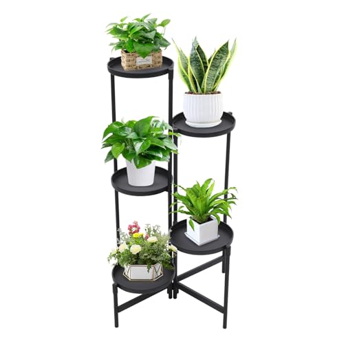 MINRS Soporte para plantas de 5 niveles, soporte para flores, de metal negro, para varias plantas, escaleras para plantas, soporte alto para terraza, jardín, esquina, balcón, salón