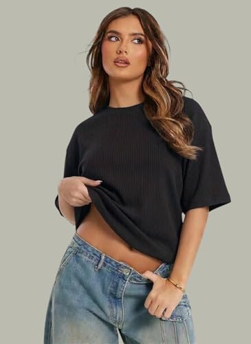 Image of RodZen Oversized Fit Half Sleeves Round Neck Textured Polycotton T-Shirt for Women /Girls (Pack of 2)