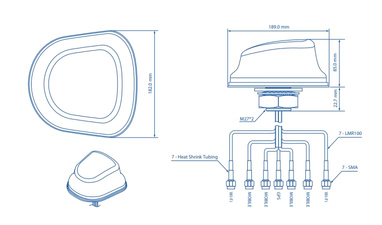 Image of Teltonika 5G LTE Combo MIMO /GNSS /Dual-Band Wi-Fi Rooftop Antenna | PR1KC640 | 3 m LMR100 Cables | SMA and RP-SMA | 2.4 /5 GHz