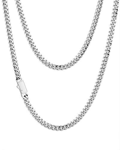Cuban Link Chain for Men 5mm 18K Gold Plated Gold Silver Mens Necklace, 316L Stainless Steel Miami Curb Chain 18 20 22 24 Inch, Durable Waterproof Hip Hop Jewelry Gift for Him, Everyday Wear