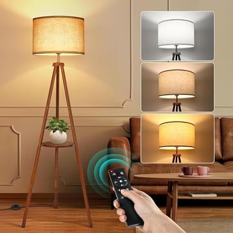 OUTON Wood Tripod Floor Lamp with Shelves, Mid Century LED Modern Dimmable Floor Lamp with Remote Control, Sturdy Tall Standing Lamp with Beige Linen Texture Shade for Living Room, Bedroom, Office Cover