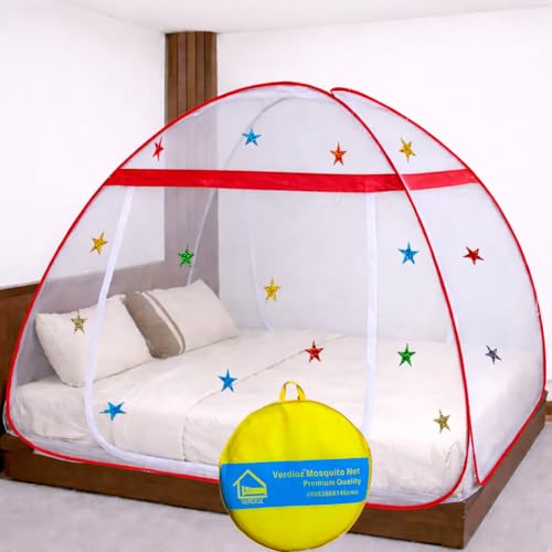 Image of VERDIOZ Mosquito Net for Double Bed King Size with Multicolor 4cm Glittery Star Design | Strong 28 GSM White Net | Steel Wire | 2 Doors Foldable Machardani - (Red with Stars)