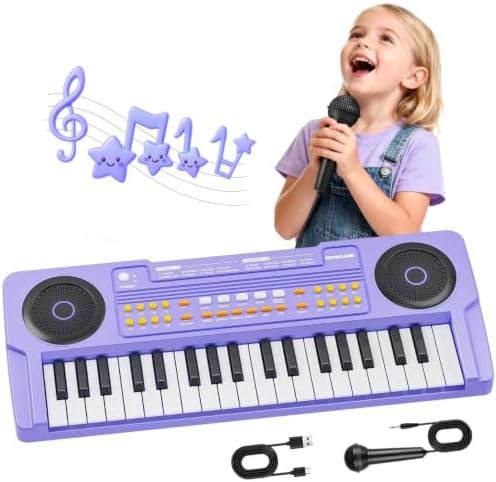 QiquBox Klavier Tastatur Spielzeug 37 Tasten Kinder Keyboard mit Mikrofon | Musikinstrument-Spielzeug für 3 4 5 6 7 Jährige Jungen Mädchen,Geburtstags und Weihnachtsgeschenke,Lila