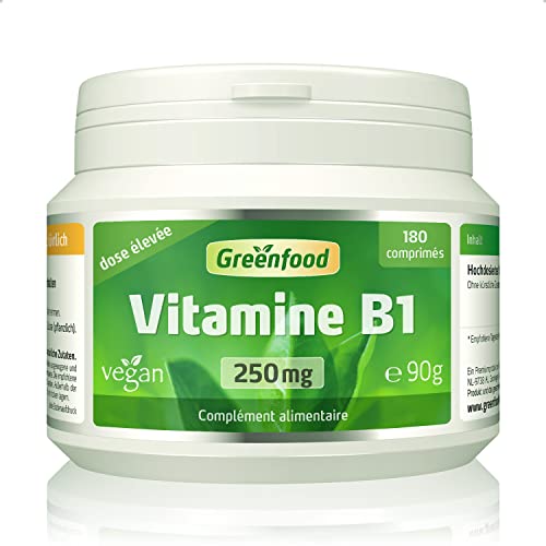 Greenfood Vitamine B1, 250 mg, dose élevée, 180 comprimés - pour des fonctions psychologiques normales, un métabolisme énergétique normal. SANS additifs artificiels. Sans génie génétique. Vegan.