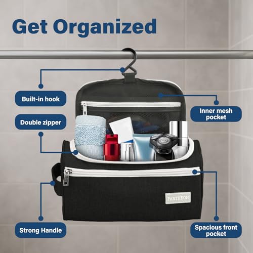 Image of Pantheon Men's Toiletry Bag - Travel Toiletry Bag Wash Bag Hanging Dopp Kit Shaving Kit for Bathroom Shower - Mens Travel Bag Hanging Toiletry Organizer Toiletry Kit for Traveling (Black)