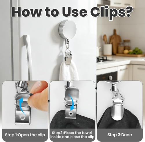 Image of Stainless Steel Retractable Dish Towel Holder Clips | No Drill Self Adhesive Wall Mounted Hand Towel Hook & Rag Plug | Punch Free Wire Clip Hangers for Kitchen & Bathroom (Multicolor)