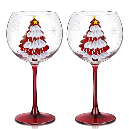Joeyan 580ml Verres à Vin Rouge de Noël, Lot de 2 Verres Ballon pour Bourgogne à Gin Tonic à Motif Main Peint -Sapin Rouge & Flocons, Crystal Gobelet Service de Table pour Fêtes et Cadeaux Festifs