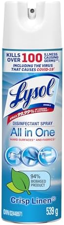 Lysol Disinfectant Spray, All in One, Crisp Linen, Disinfect and Eliminate Odours on Hard Surfaces and Fabrics, Kills 99.99% of Viruses & Bacteria, 539g