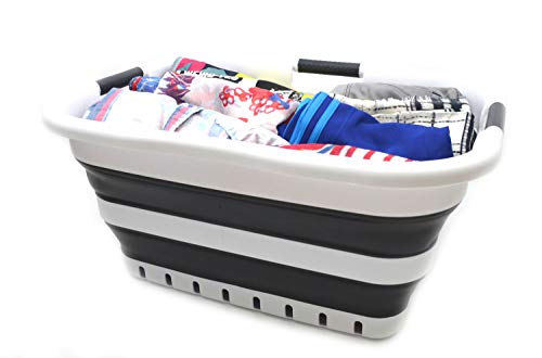 Image of SAMMART Collapsible Plastic Laundry Basket - Foldable Pop Up Storage Container /Organizer - Space Saving Hamper /Basket (3 Handled Rectangular, Black)