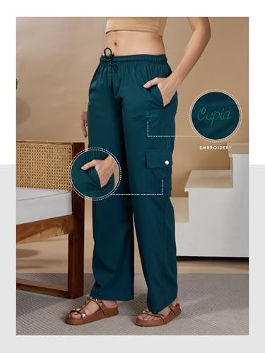 Image of CUPID Women Smart Slim Fit Cargo Pants with High Waist, Zipper Pockets, Easy Wash Straight Fit Casual Wear