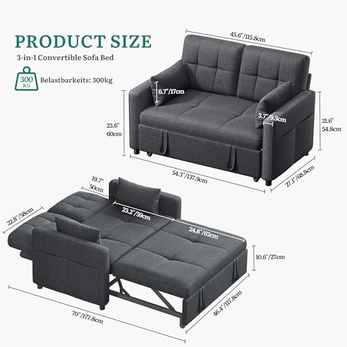 YITAHOME Schlafsofa mit Schlaffunktion, 182x136 cm Sofa, 5-stufig Verstellbarer Rückenlehne, 3-in-1 Schlafcouch mit 2 Kissen & Seitentasche, 2-Sitzer Sofa Bed für Gästezimmer, Grau