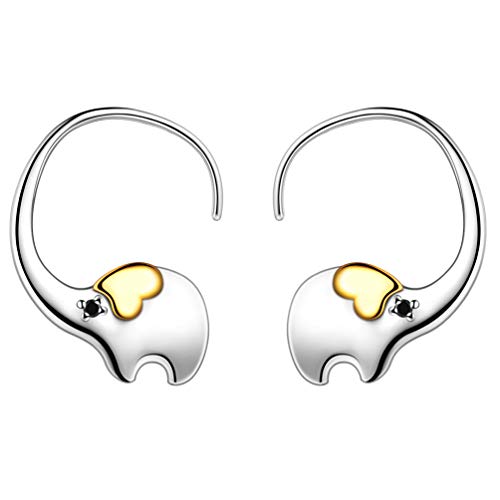 Cute Elephant Half Open Hoop Earrings for Women Girls 18K Gold 925 Sterling Silver Two Tones Elephant Animal Earrings Stud Elephant Nose Hang Drop Earring Fun Quirky Animal Jewelry Gift for Her FE010K