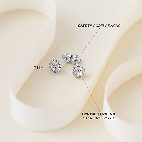 925 Sterling Silver 6mm Dazzling Pink Cubic Zirconia Flower Earrings, Best for Toddlers, Little Girls and Pre Teens - Screw Back Locking Floral Lover Girl's Earrings Set! Formal & Party Outfit4