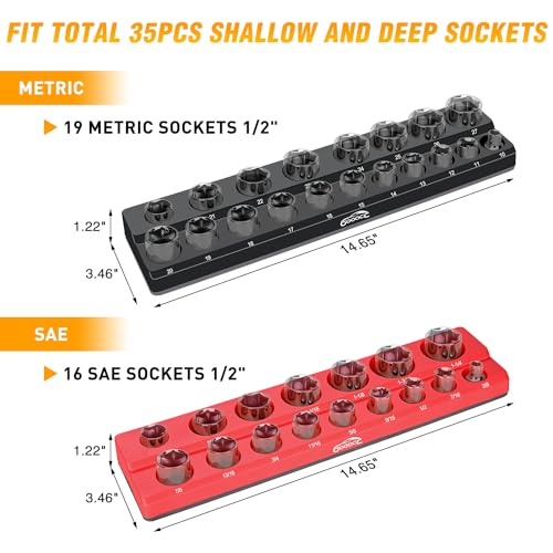 Image of GOOACC 1 /2 inch Magnetic Socket Organizer Set, 2 Pieces Metric & SAE Socket Drive Holders, 1 /2 inch Drive Socket Organizer Trays Holds 35 Standard Sockets for Tool Box