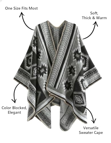 Image of Bestshe Women's Boho Open Front Poncho Plaid Shawl Wrap Cape | Tassel Cardigan Sweater, Cozy Layering, Fall Winter Clothes for Women