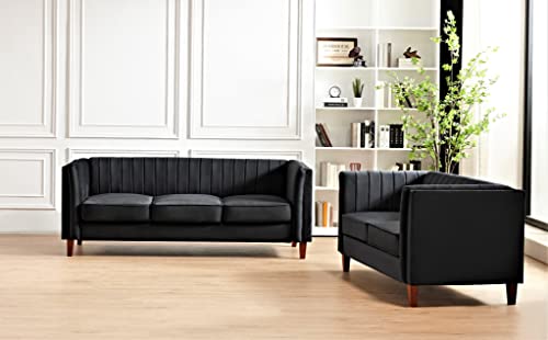 Container Furniture Direct S5725N Modern Luxury Velvet Couch For Living Room With High Density Foam, Soft Fabric Upholstery, Removable Cushions And Solid Wood Legs, 83'' Wide 3 Seater Sofa, Black #TOP1