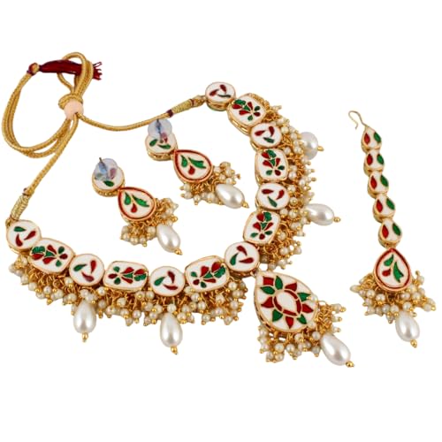 Image of Lucky Jewellery Meenakari 18k Gold Plated Tika Earring Combo Uncut Big Faux Kundan Choker Necklace set