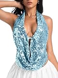 Kaei&Shi Sequin Halter Top,Backless Cowl Neck Sparkly Club Tops for Women,Sexy Outfit Going Out Concert Party Blue Large