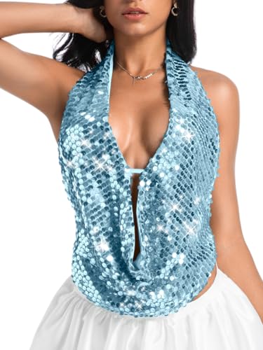 Kaei&Shi Sequin Halter Top,Backless Cowl Neck Sparkly Club Tops for Women,Sexy Outfit Going Out Concert Party