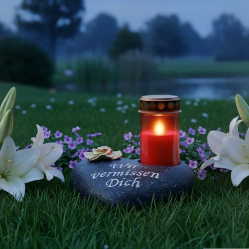 com-four® Grab-Dekoration in Herz-Form mit goldfarbener Rose - Gedenkstein mit Halter für Grabkerze - wetterfester Grabschmuck - Trauerstein mit Gedenkspruch