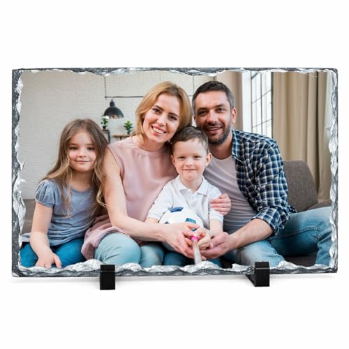 Personalised Photo Rock Slate Custom Picture Frame Gift with Stand Natural Stone Plaque HD Print Square Rectangle Heart Shapes Birthday Anniversary Memorial Wedding Gift (Rectangle Shape)