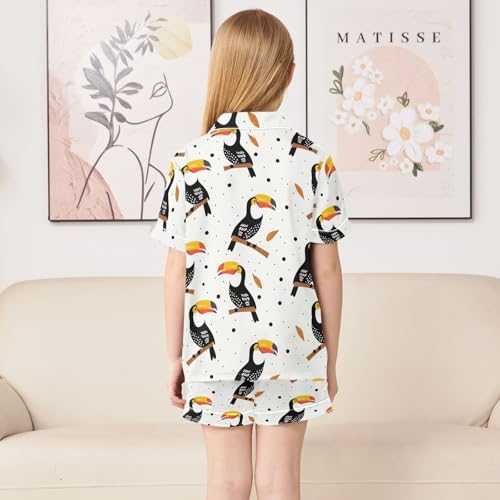 Toucan Birds Prints Summer Satin Pajama Set, Cute Button-Down Sleepwear Pj Set for Sleep Wears4
