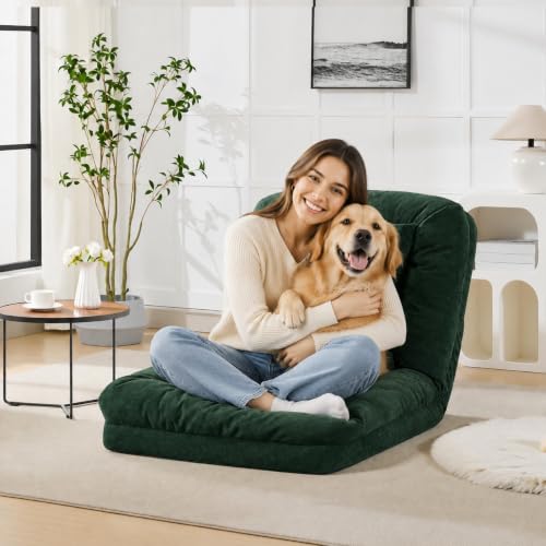 Garvee Human Dog Bed for Adult & Pets Convertible Lazy Floor Lounge Chair Upholstered Sofa Bed with 5 Adjustable Position 2 Pillows Metal Frame Chenille Fabric for Living Room Bedroom