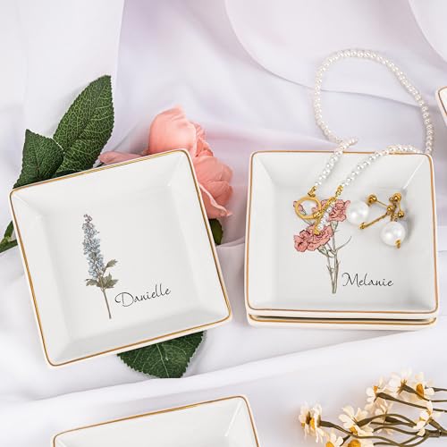 KEMEILA Personalized Jewelry Tray - Gift for Women, Mom, Friend with Birth Month Flower, Name - Ceramic Trinket Tray, Dish, Plate for Ring, Earring, Bracelet - Gift Mothers Day, Birthday, Christmas