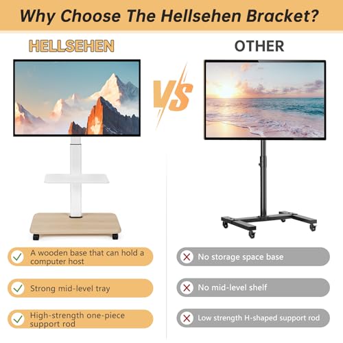 Hellsehen Suporte de TV com rodinhas para telas LED LCD OLED curvas planas de 81 a 170 cm, carrinho