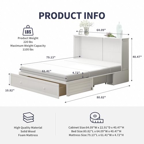 ijuicy Murphy Bed, Queen Size Cube Cabinet Bed w/Foldable Memory Foam Mattress/USB Charging Station/Large Drawer & Side Storage Board for Guests/Bed Room-Cream White