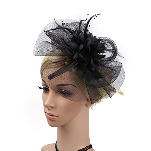 Women Fascinators Mesh Flower Headpiece With Bead Feather Headband For Tea Party Wedding Cocktail Church Bride Headwear Black #TOP2