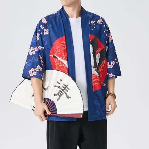 Image of PRIJOUHE Men's Japanese Kimono Cardigan Jackets Casual Long Sleeve Open Front Coat Lightweight Yukata Outwear