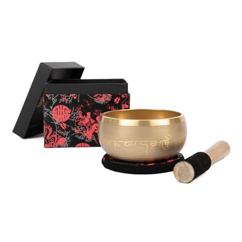 Bodhi Indische Klangschale Ø 14 cm | Klangschalen Set inkl. Kissen, Klöppel & Geschenkbox | Singing Bowl mit Tara Verzierung | Ideales spirituelles Geschenk | Meditationszubehör aus Messing