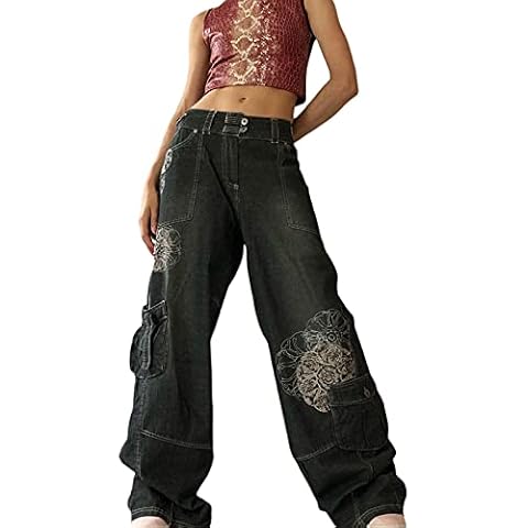 Madger Women Y2K High Waisted Jeans Loose Wide Leg Denim Trousers Graphic Print Baggy Cargo Pants Gothic Dark Punk Streetwear (Z-Black, XL) Cover