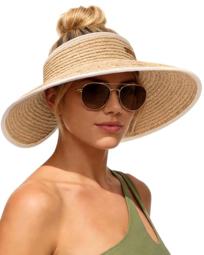 FURTALK Womens Raffia Straw Sun Hats Wide Brim Beach Visor Ponytail Hat Packable UPF 80+ Vacation Essential Beige