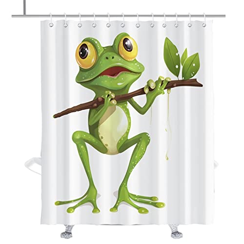 Funny Shower Curtain Sets Green Animal Frog On Rainy Tree Branch Modern Bath Curtains Bathroom Decor Sets Grommet With Hooks(72W×72L Inches) #TOP23