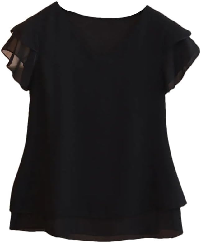 Women's V-Neck Chiffon Shirt Loose Short Sleeve Top