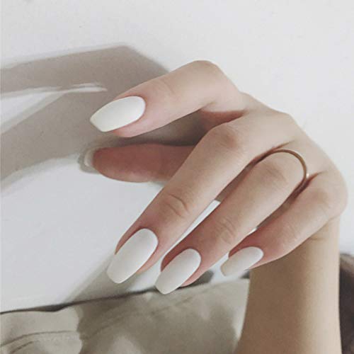 Edary Matte Fake Nails Full Cover Medium Ballerina White False Nails 24Pcs Coffin Art Tips for Women