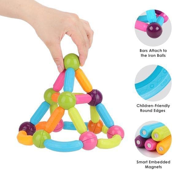 Image of HAPPY HUES Magnetic Building Block STEM Toy for Kids 5+ Years Magnetic Sticks and Balls Set- Different Sizes & Curve Shaped - for Boys and Girls 64 PCS