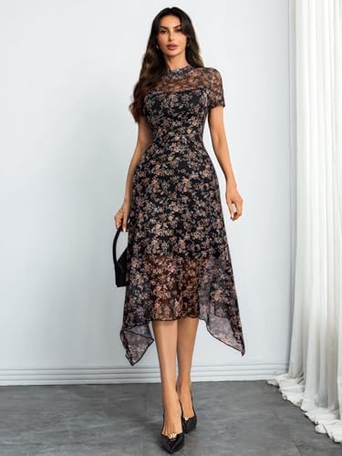 Image of GothDark Women Summer Wedding Guest Floral Mesh Irregular Hem Midi Dress | A-Line, Short Sleeve, Sheer Mesh Overlay, Elegant Vintage Dresses For Party, Semi Formal, Vacation, Dinner, Church