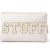 Y1tvei Preppy Patch STUFF White Chenille Letter Extra Large Cosmetic Bag PU Leather Waterproof Po...