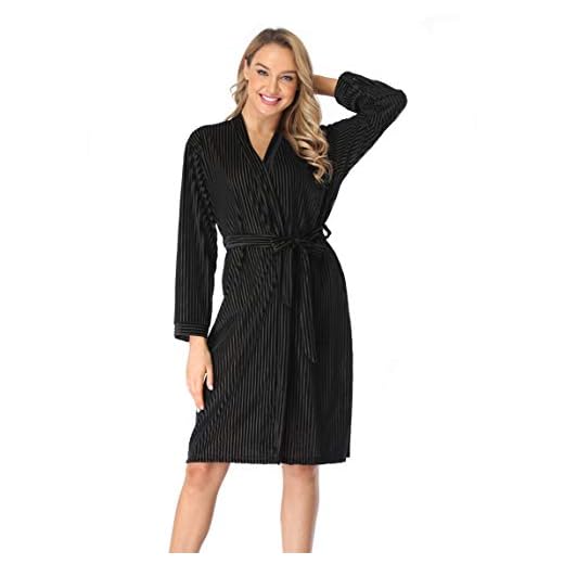 Women's Velour Kimono Robe Soft Absorbent Striped Velvet Bathrobe Spa Hotel Loungewear black