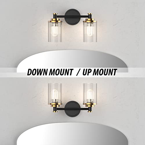 Image of Bathroom Lighting Fixtures Black and Brass Bathroom Vanity Light with Cylindrical Clear Stripes Glass Lampshade E26 Socket Base Bathroom Lighting Fixtures Over Mirror (2 Lights)