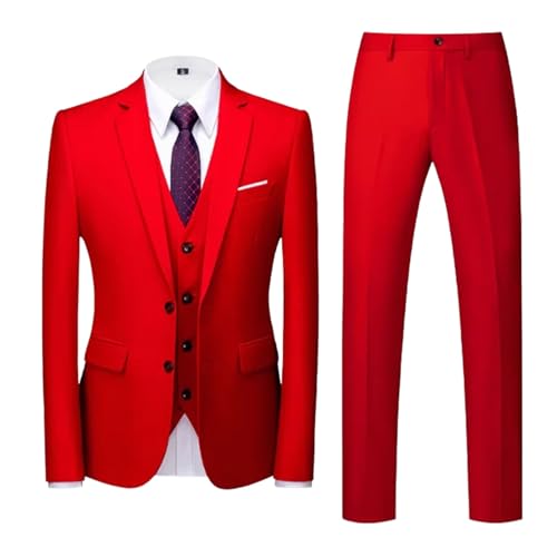 Men Fashionable Business Casual Two Button Jacket Vest Pants 3-Piece Suit Multiple Bright Red