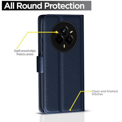 Image of Pikkme Flip Cover Leather Finish | Inside TPU with Card Pockets | Wallet Stand and Shock Proof | Complete Protection Button Flip Case for Realme 14 Pro 5G(Blue)