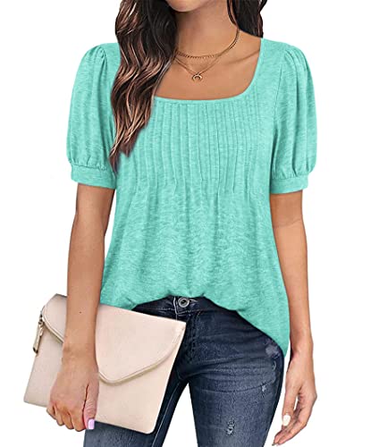 Shirts For Women Summer Puff Short Sleeve Flowy Tunic Tops Plus Size Square Neck Pleated Casual Blouse Blue 2Xl #TOP1
