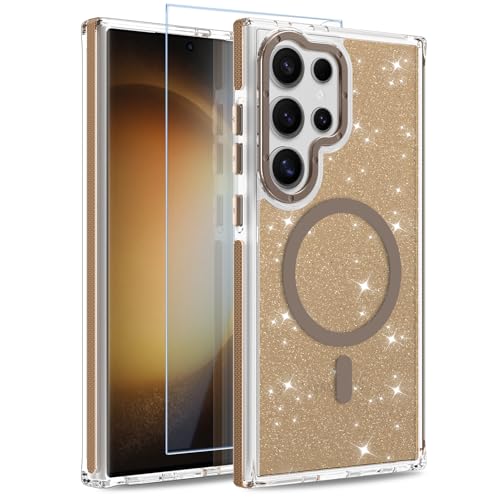 Image of Magnetic Case for Samsung Galaxy S23 Ultra [Compatible with Magsafe] [Bling Glitter Fluorescent Design] [1 Screen Protector] Slim Translucent Matte Case for Galaxy S23 Ultra 6.8 inch, Desert