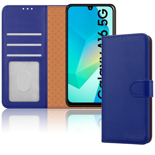 iCatchy for Samsung A16 Case – Leather Wallet Cover, Book Flip Folio with Kickstand, Magnetic Closure, RFID Blocking, Shockproof Protection for Galaxy A16 5G / A16 (Blue)